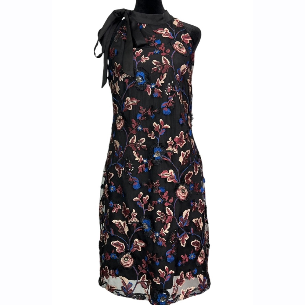 Sam Edelman‎ Womens Black Floral Embroidered High Neck Sleeveless Dress Size 6